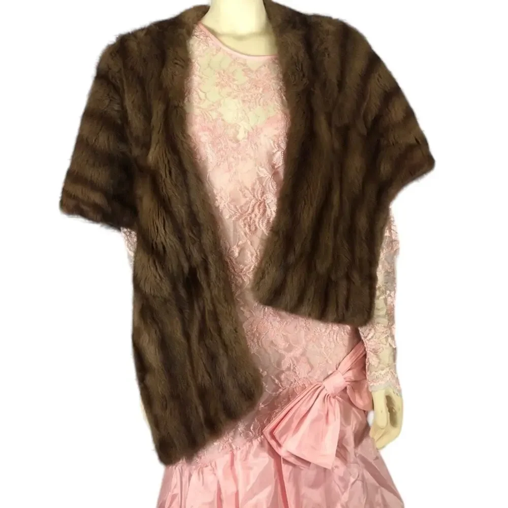 1950s D’Jimas Mink Fur Stole Muff Brown Real Fur Art Deco Evening Wrap